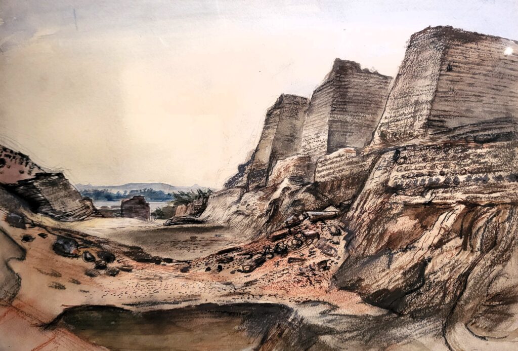 Painting of a deep ditch with fragmentary mudbricks with a large wall and towers to the right. A river is visible in the distance.