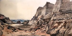 Painting of large defesive walls with square towers from a deep ditch, with a river in the distance.