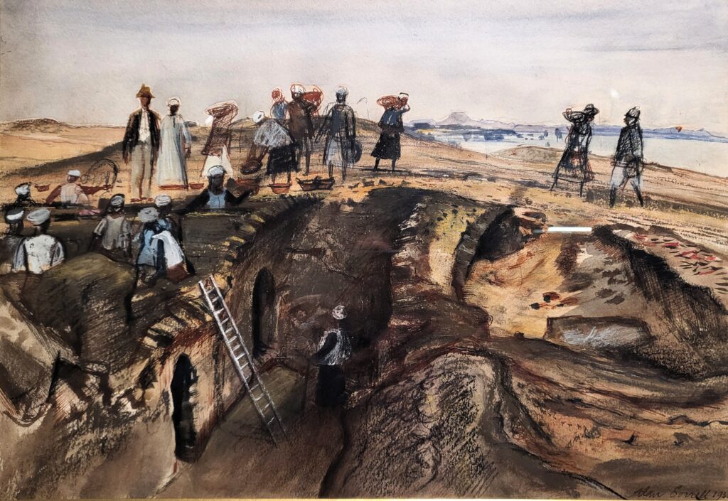 Painting of an excavation. A deep trench with many workers includes upstanding walls of ancient structures.